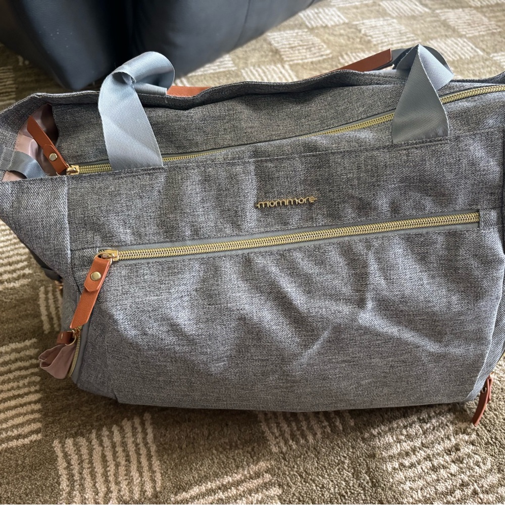 Mommore Gray Tote Bag with Tan Accents